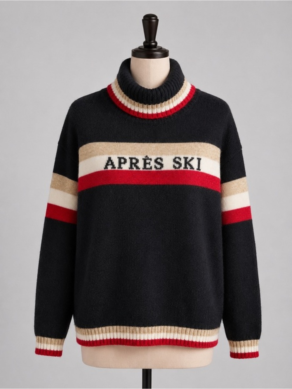 Lou & grey Après Ski Turtleneck Sweater Black Red Stripe Mock Neck Winter Chalet